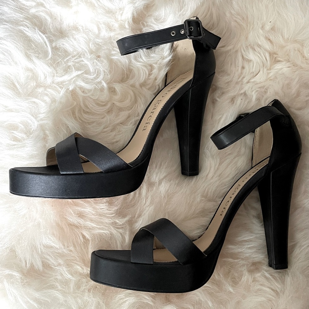 PEDRO GARCIA Black Satin & Leather Platform Ankle Strap Sandals Heels 40 10 NIB - Picture 1 of 6